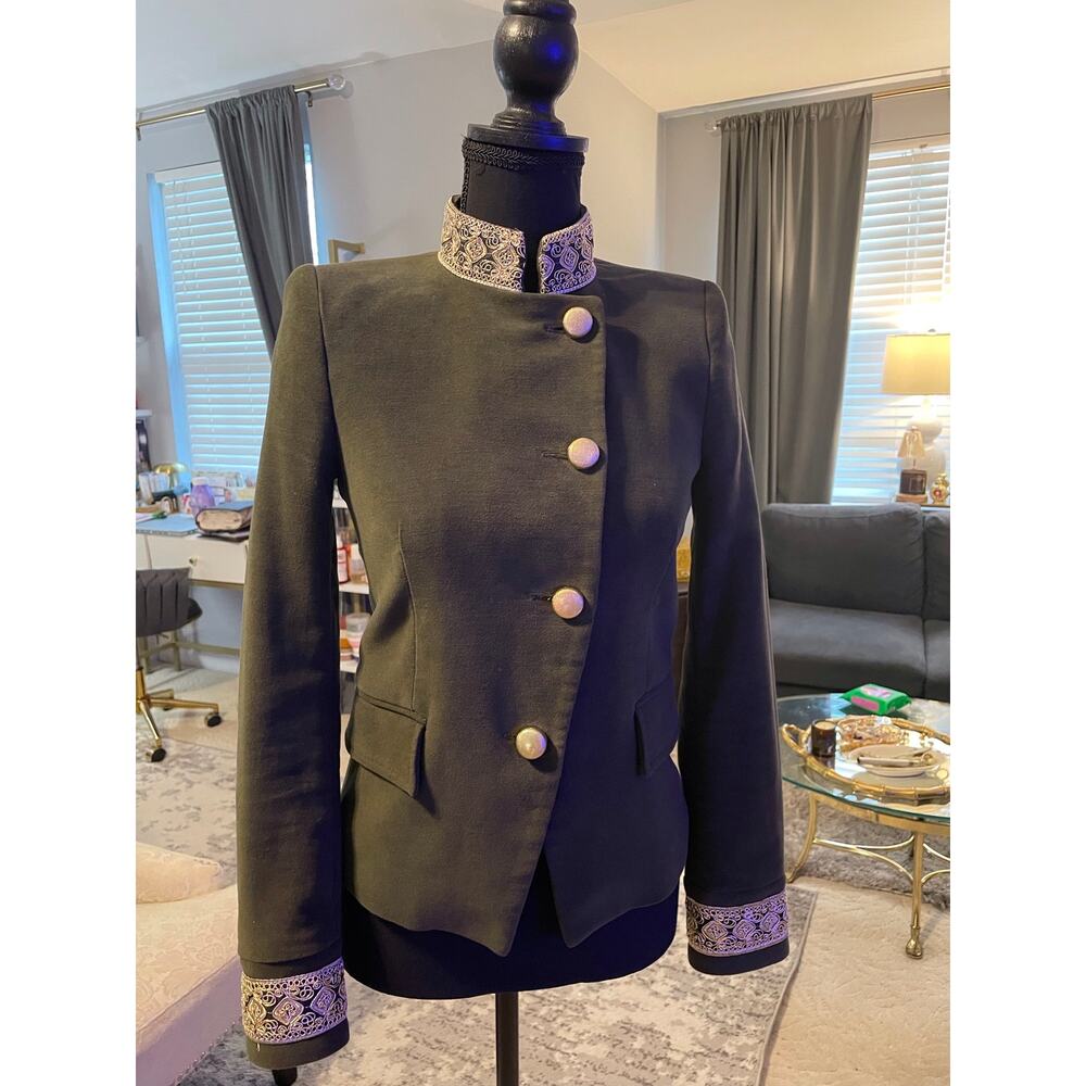 Zara Basic Olive Green Gold Embroidered Military Blazer XS Regency - Picture 2 of 7
